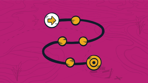 A yellow arrow in a white circle at the beginning of a 6 node linked process with 4 yellow circles ending at a larger yellow circle with