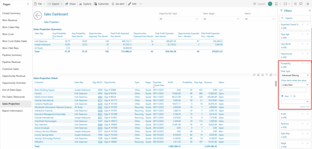 Sales Dashboard | Sales Projection page with the Probability filter highlighted
