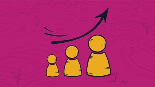 Three yellow chess pawn figures with an exponentially increasing line with an arrow pointing up and to the right above them, representing