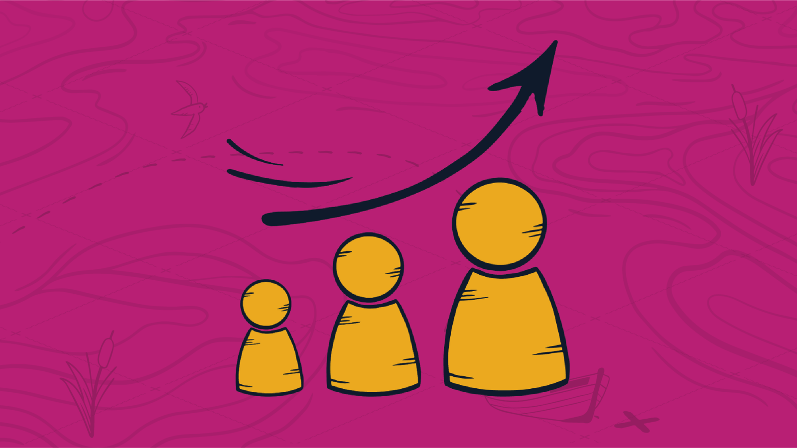 Three yellow chess pawn figures with an exponentially increasing line with an arrow pointing up and to the right above them, representing