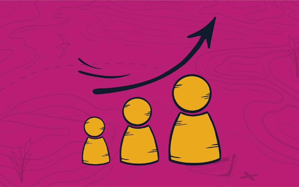 Three yellow chess pawn figures with an exponentially increasing line with an arrow pointing up and to the right above them, representing