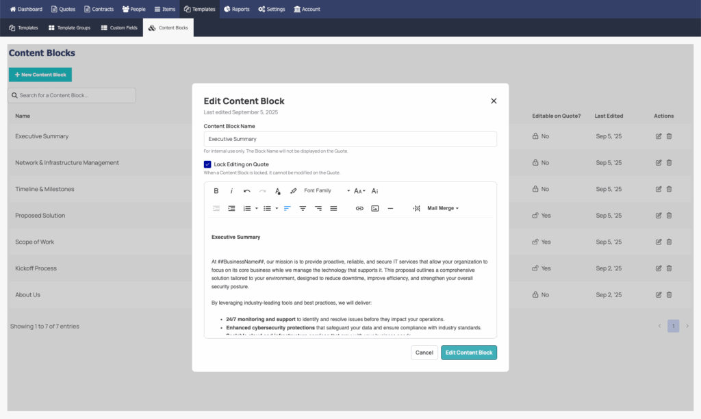 Executive Summary example with Lock Editing on Quote checked ☑️