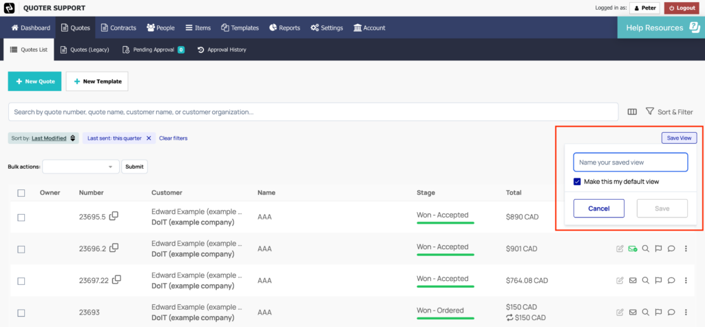 ScalePad Quoter – screenshot of the new default view on the Quotes List.