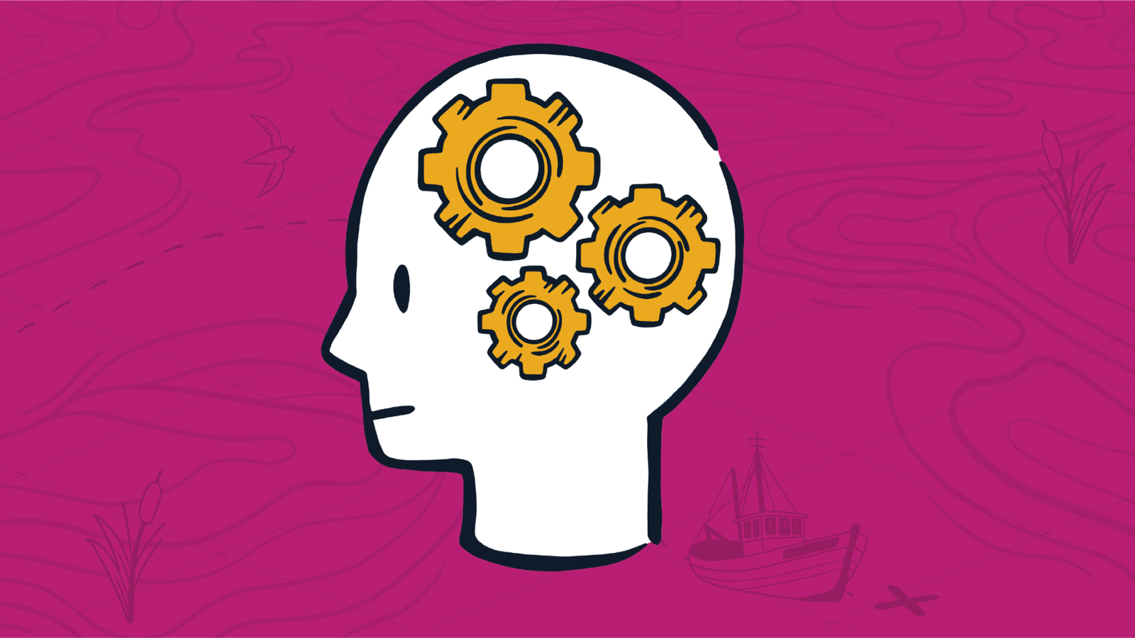 A white silhouette head with three yellow gears inside representing how an MSP is process- and tech-driven rather than naturally