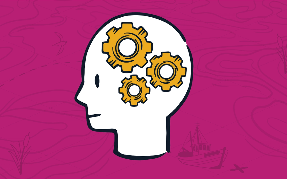 A white silhouette head with three yellow gears inside representing how an MSP is process- and tech-driven rather than naturally