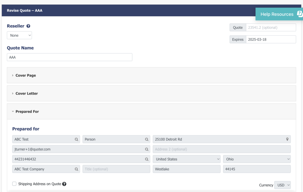 Contact details are retrieved automatically through an integration during the quote creation process on the template page.