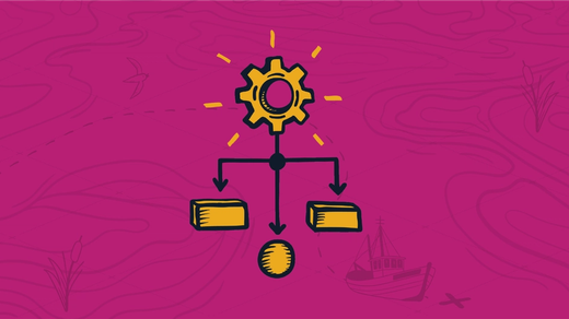 Shining drawn graphic yellow gear icon connected to a three-way splitting process under it, with the right and left nodes represented by
