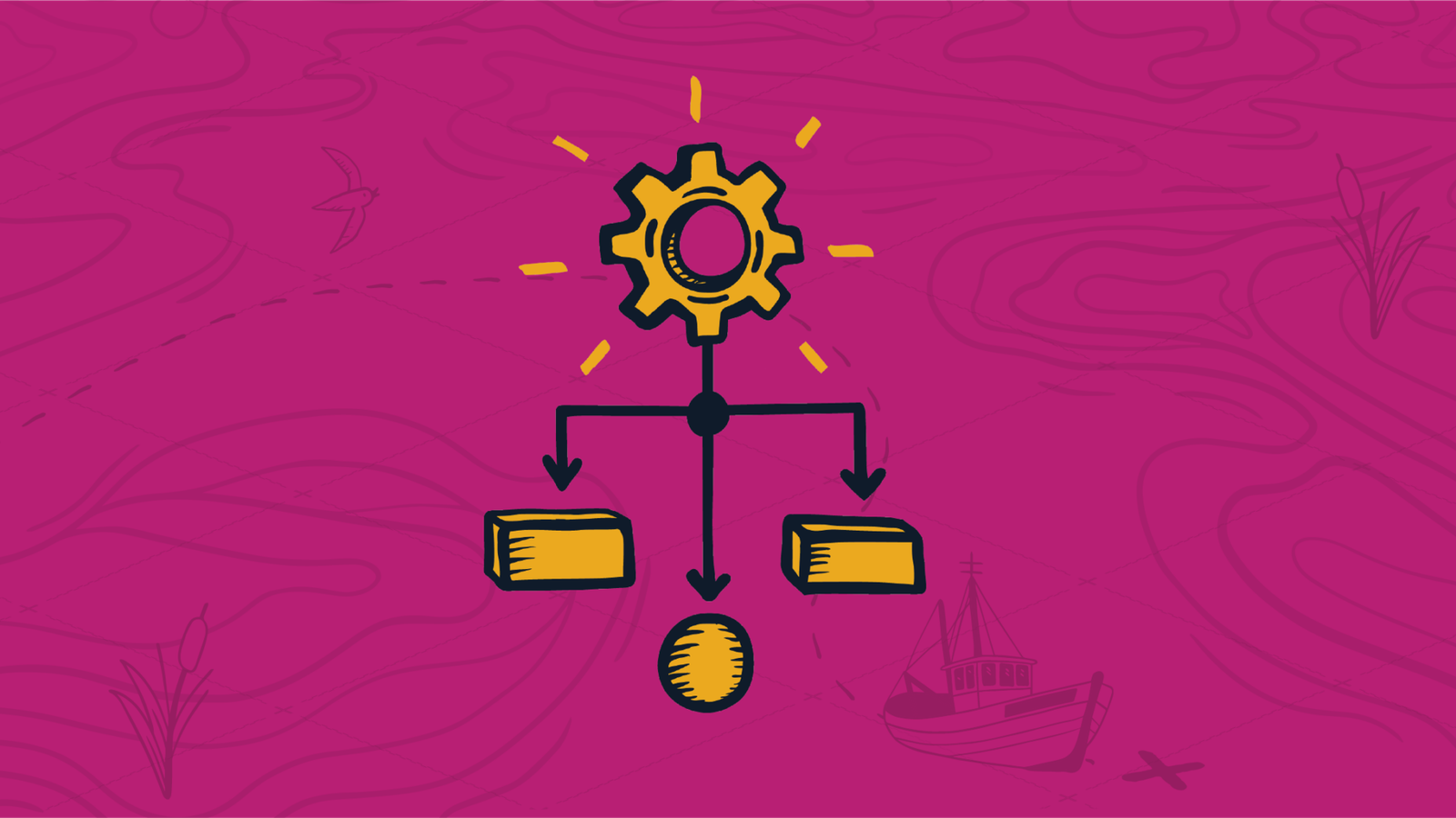 Shining drawn graphic yellow gear icon connected to a three-way splitting process under it, with the right and left nodes represented by