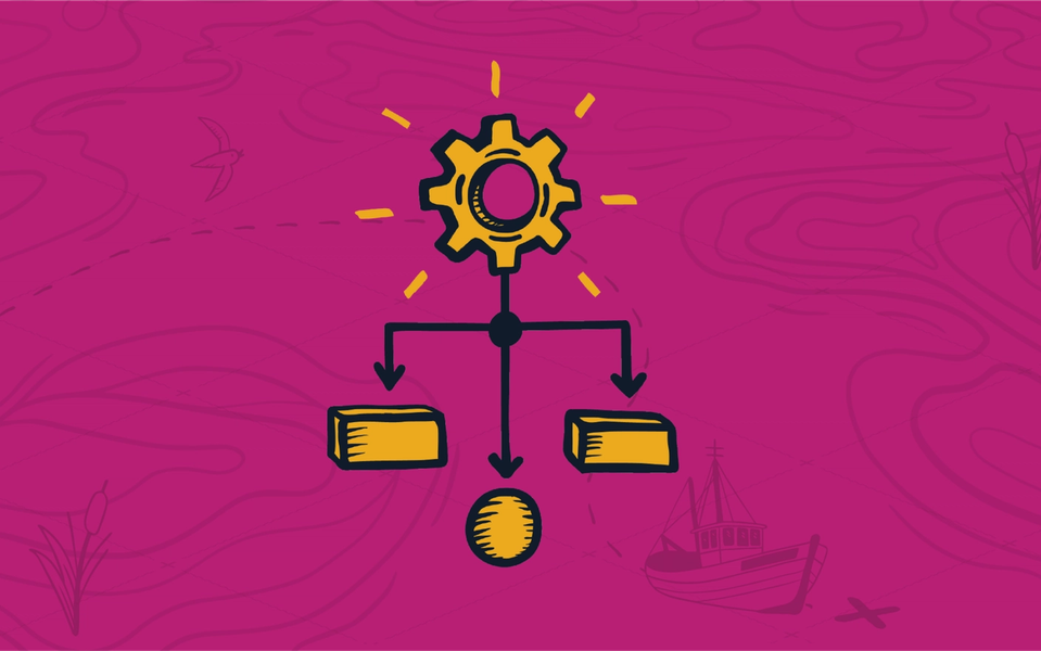 Shining drawn graphic yellow gear icon connected to a three-way splitting process under it, with the right and left nodes represented by