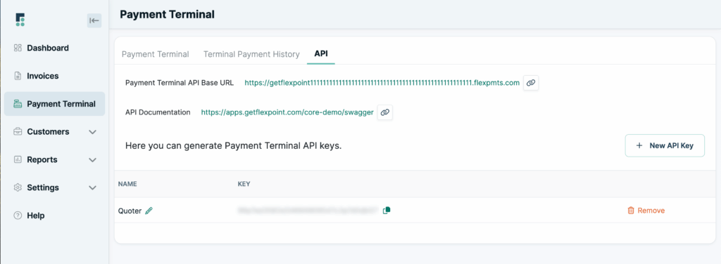 FlexPoint Payment Terminal with Quoter API Key shown