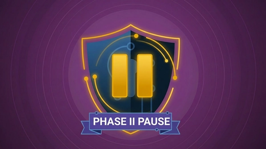 Image showing ControlMap shield logo on a purple background overlaid with a large yellow "pause" symbol and the text "phase II pause."