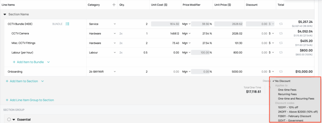 Discount selection drop-down