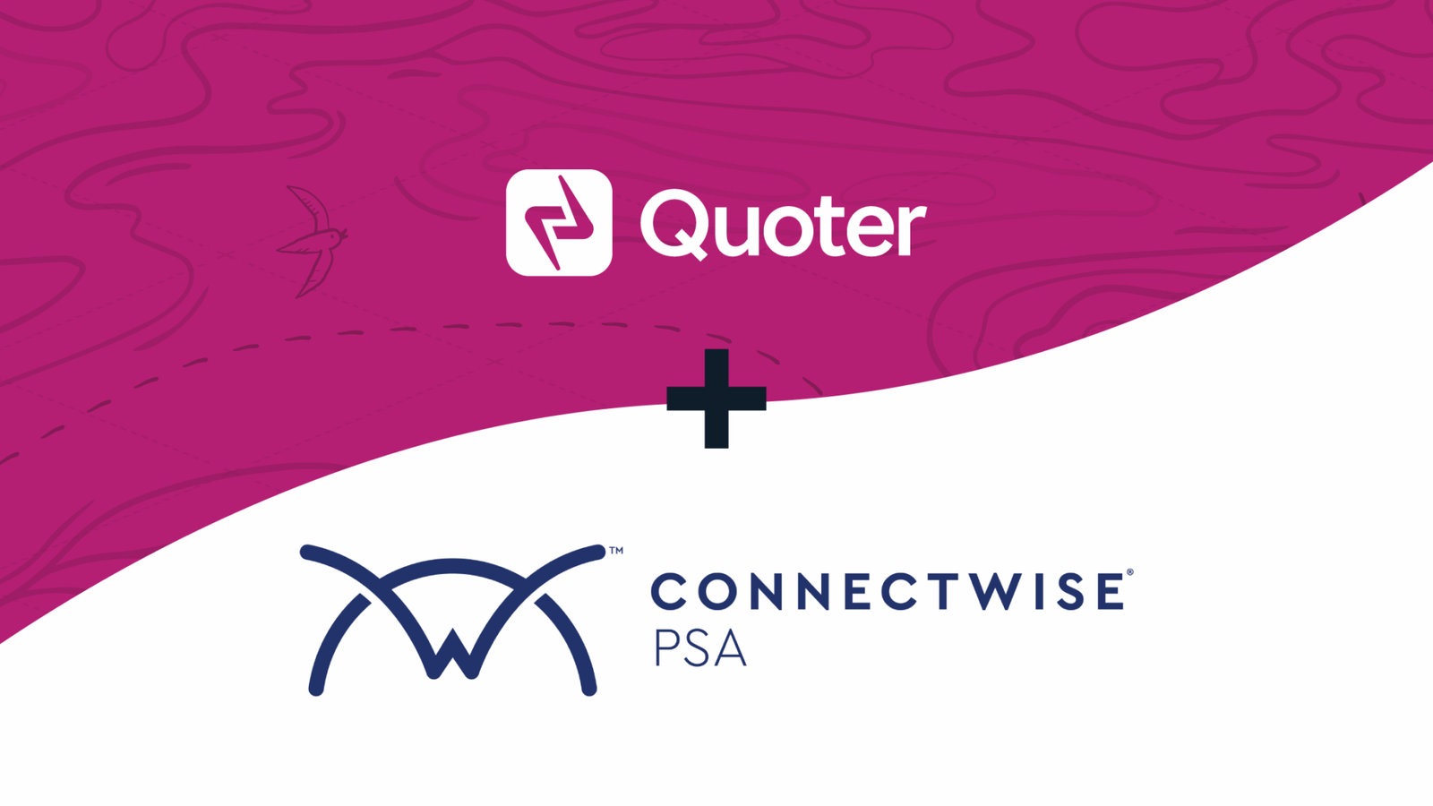 Quoter logo on a fuchsia background above and ConnectWise PSA logo on a white background below linked with a plus sign, signifying an