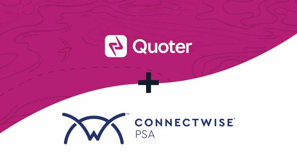 Quoter logo on a fuchsia background above and ConnectWise PSA logo on a white background below linked with a plus sign, signifying an