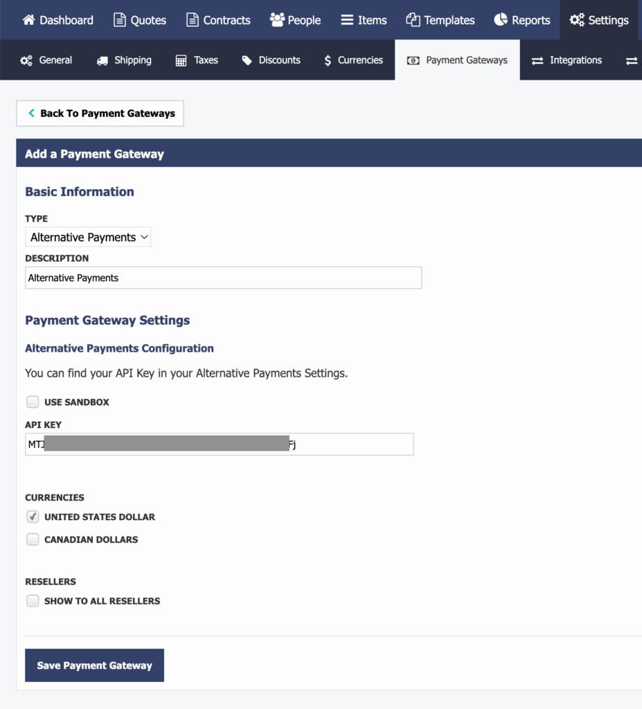 Add the API Key generated by Alternative Payments here