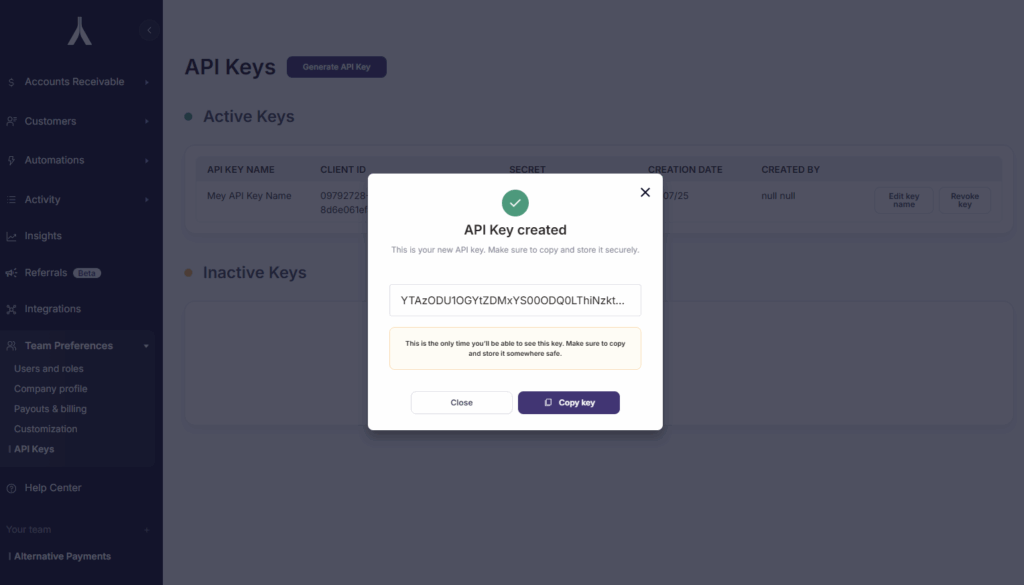 Don’t forget to copy the key from Alternative Payments!