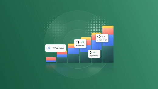 Green gradient infographic with colorful stacked bars and labels reading AI Apps Used and Departments on the front, conveying usage metrics.