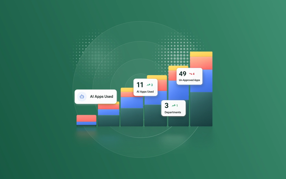 Green gradient infographic with colorful stacked bars and labels reading AI Apps Used and Departments on the front, conveying usage metrics.