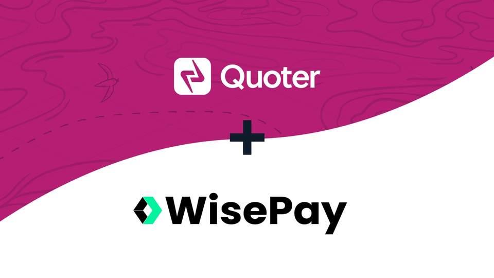 White Quoter logo on a fuchsia background above the WisePay logo on a white background connected by a plus sign, signifying that the two