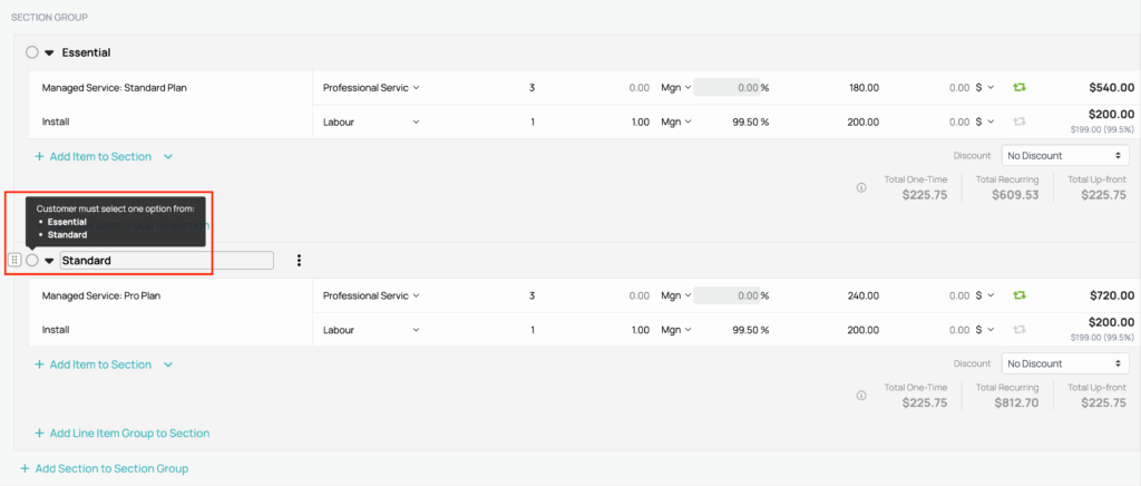 Single-select section options