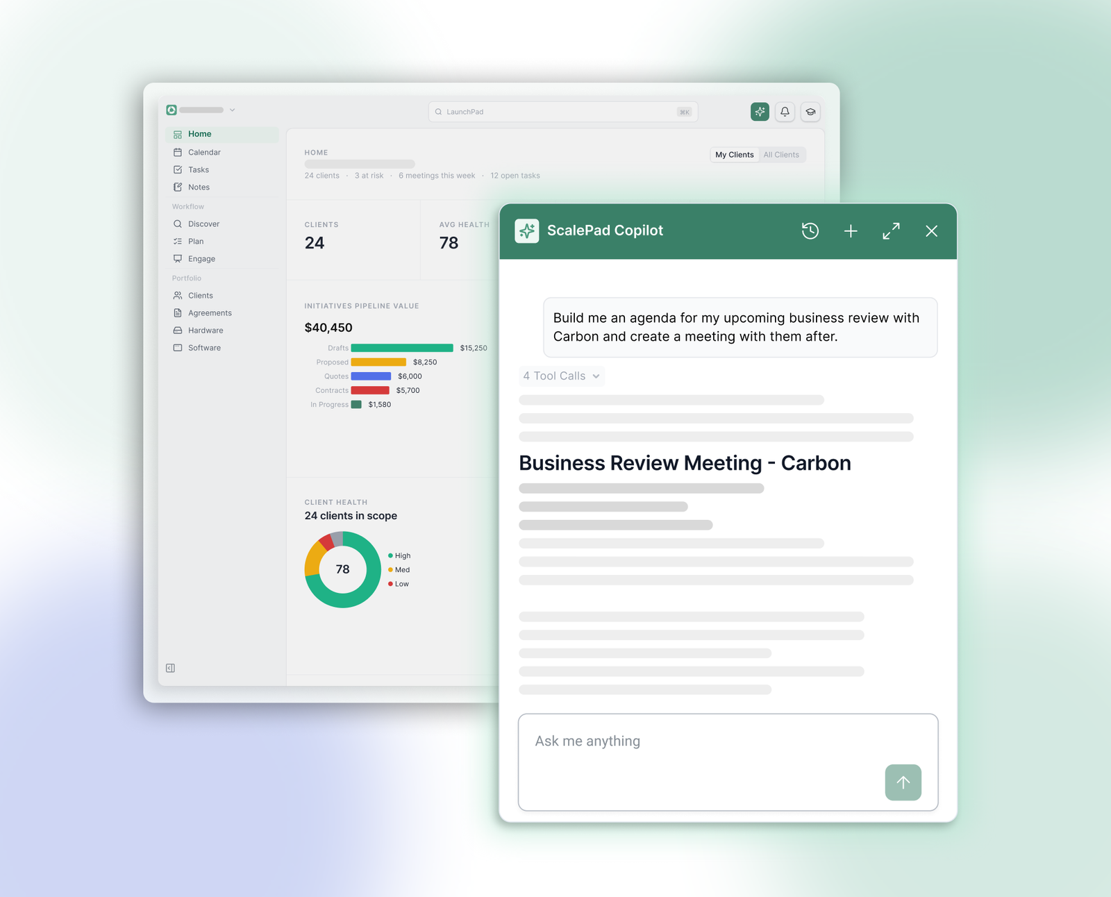 Image showing ScalePad Copilot AI chatbot overlaid on Lifecycle Manager UI