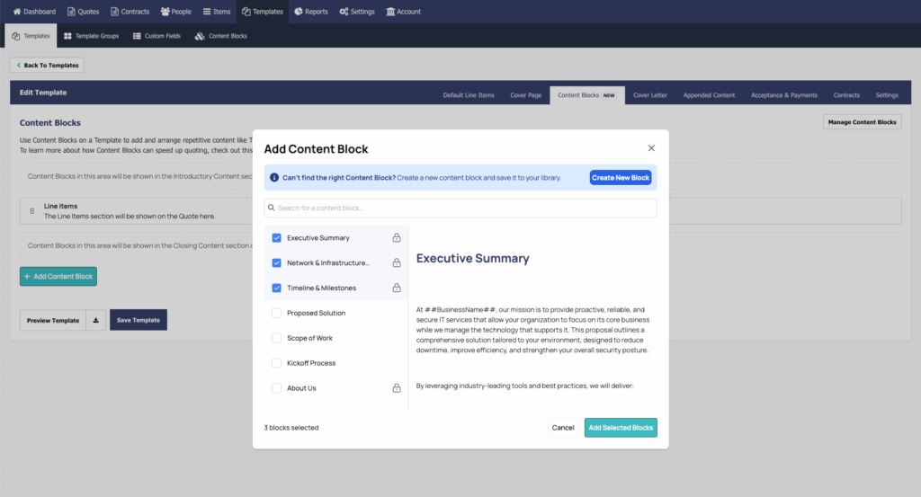 Add or create a new Content Block in the Quote Editor