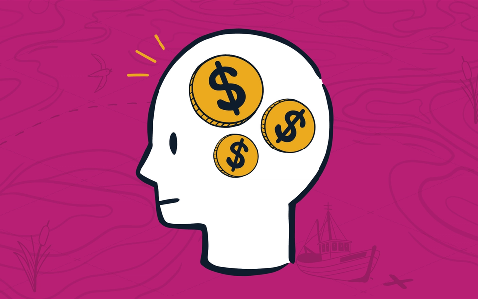 Person's head with three dollar sign coins representing an MSP thinking about money problems from inaccurate quotes.