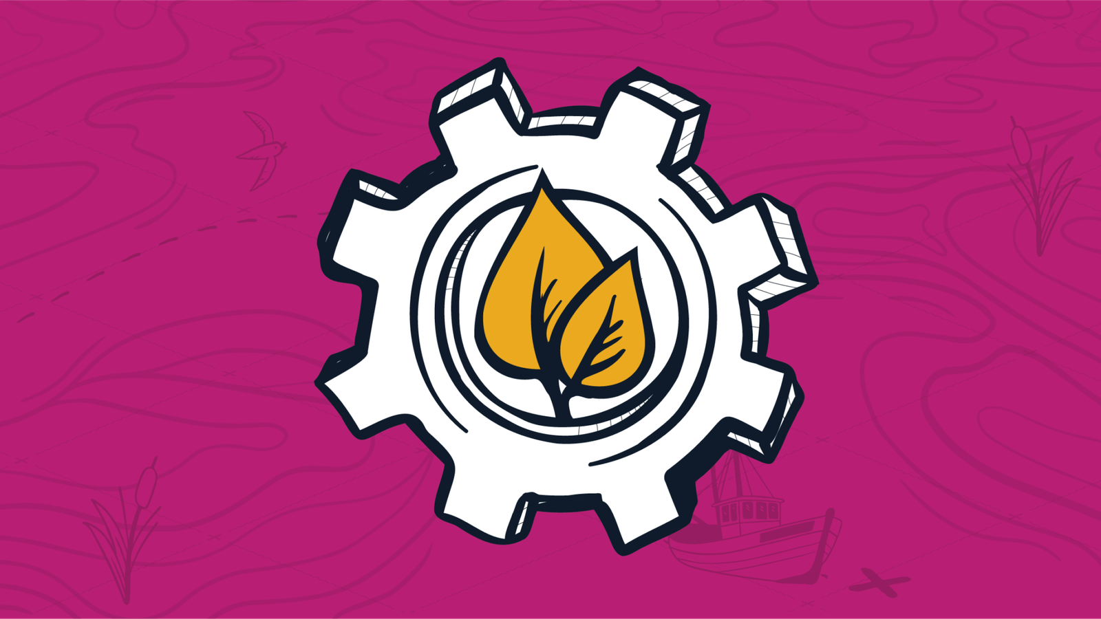 Two overlapping yellow leaves inside a large drawn gear, representing smooth growth from standard operating procedures for MSPs.
