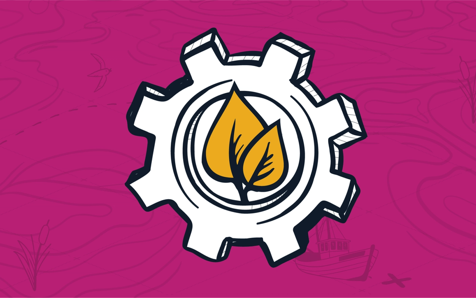 Two overlapping yellow leaves inside a large drawn gear, representing smooth growth from standard operating procedures for MSPs.