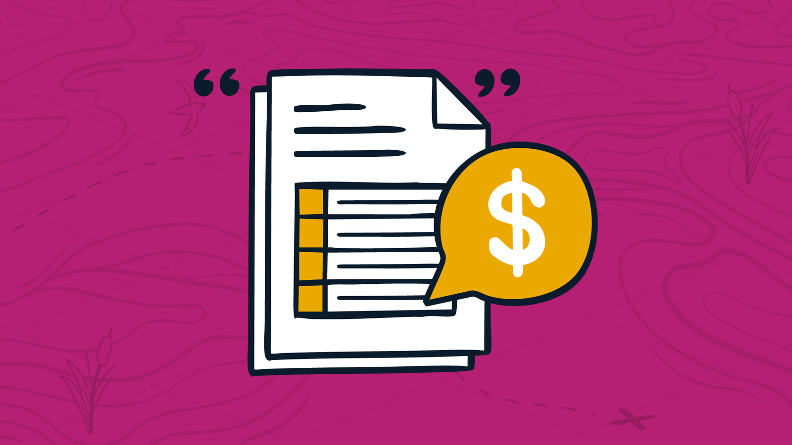 Pink background with an illustration of a quote and a dollar sign symbol in the center.