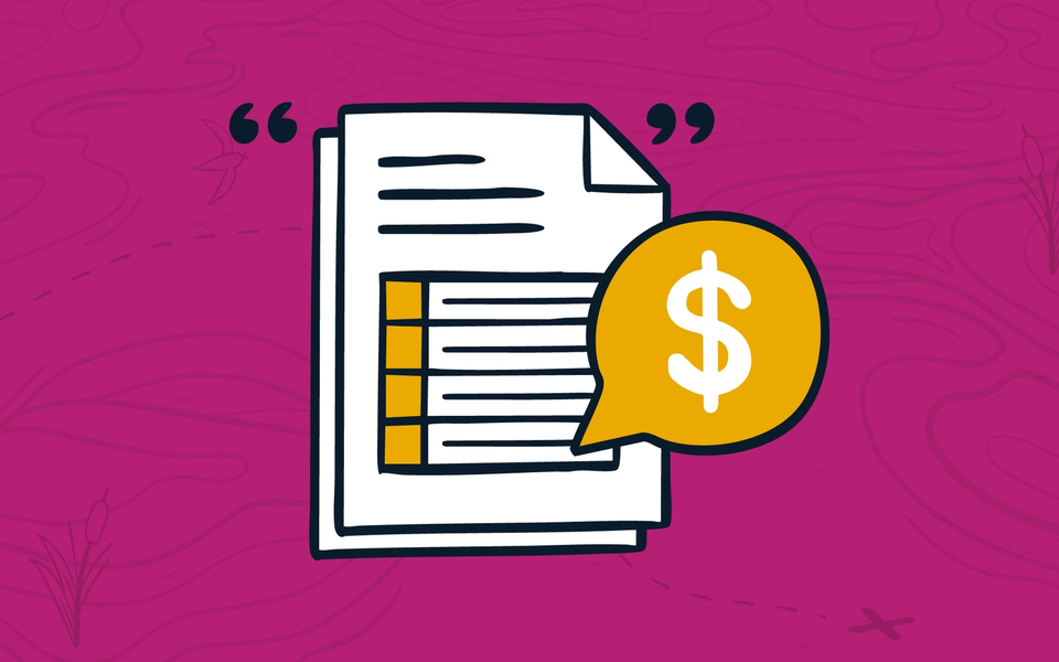 Pink background with an illustration of a quote and a dollar sign symbol in the center.