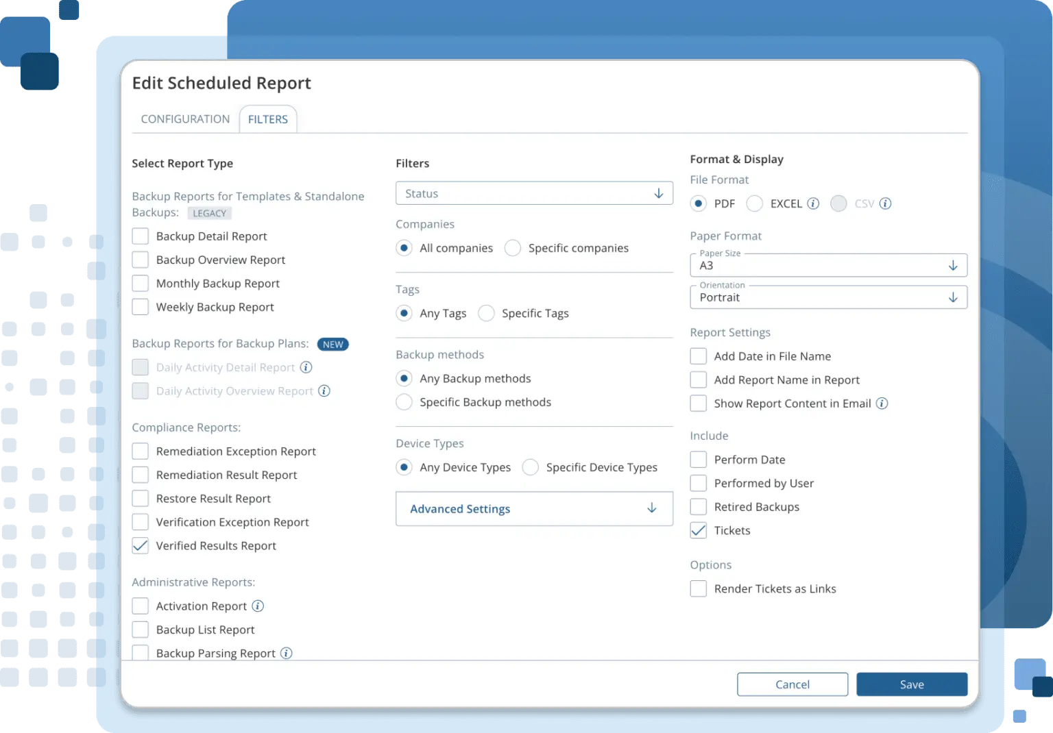 Backup Radar scheduled report filters and display settings.