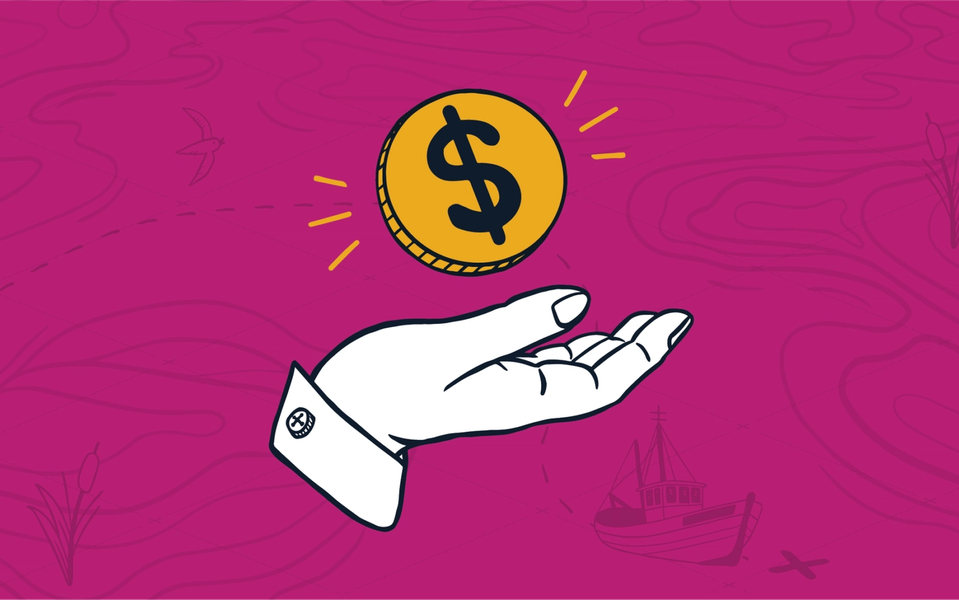 A yellow coin with a dollar sign on it hovering over a hand, representing speedier sales cycles for MSPs.