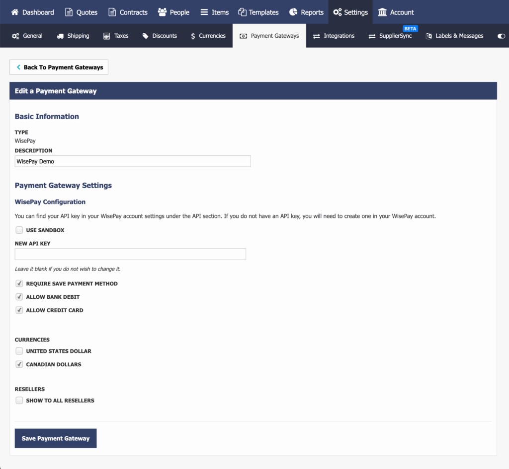 Quoter Payment Gateways setup for WisePay; what you should see after you select WisePay on the dropdown