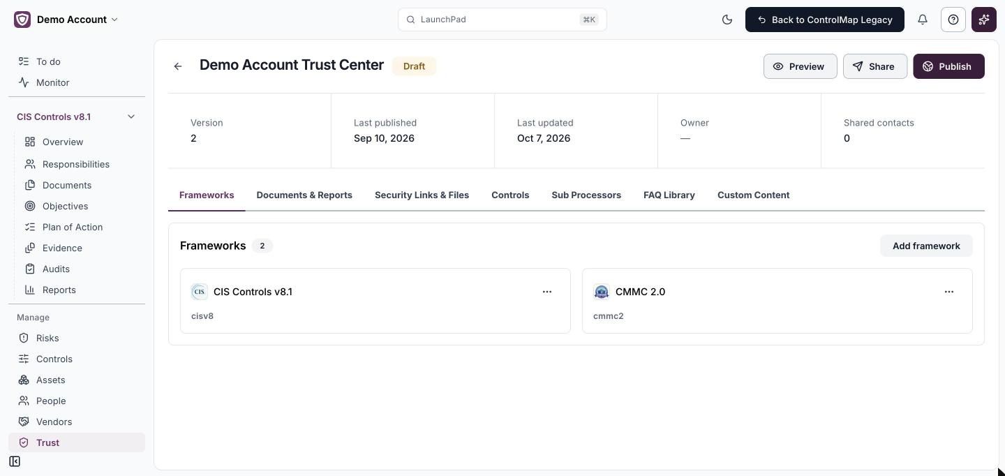 The rebuilt Trust Center in ControlMap, showing a client-branded trust page