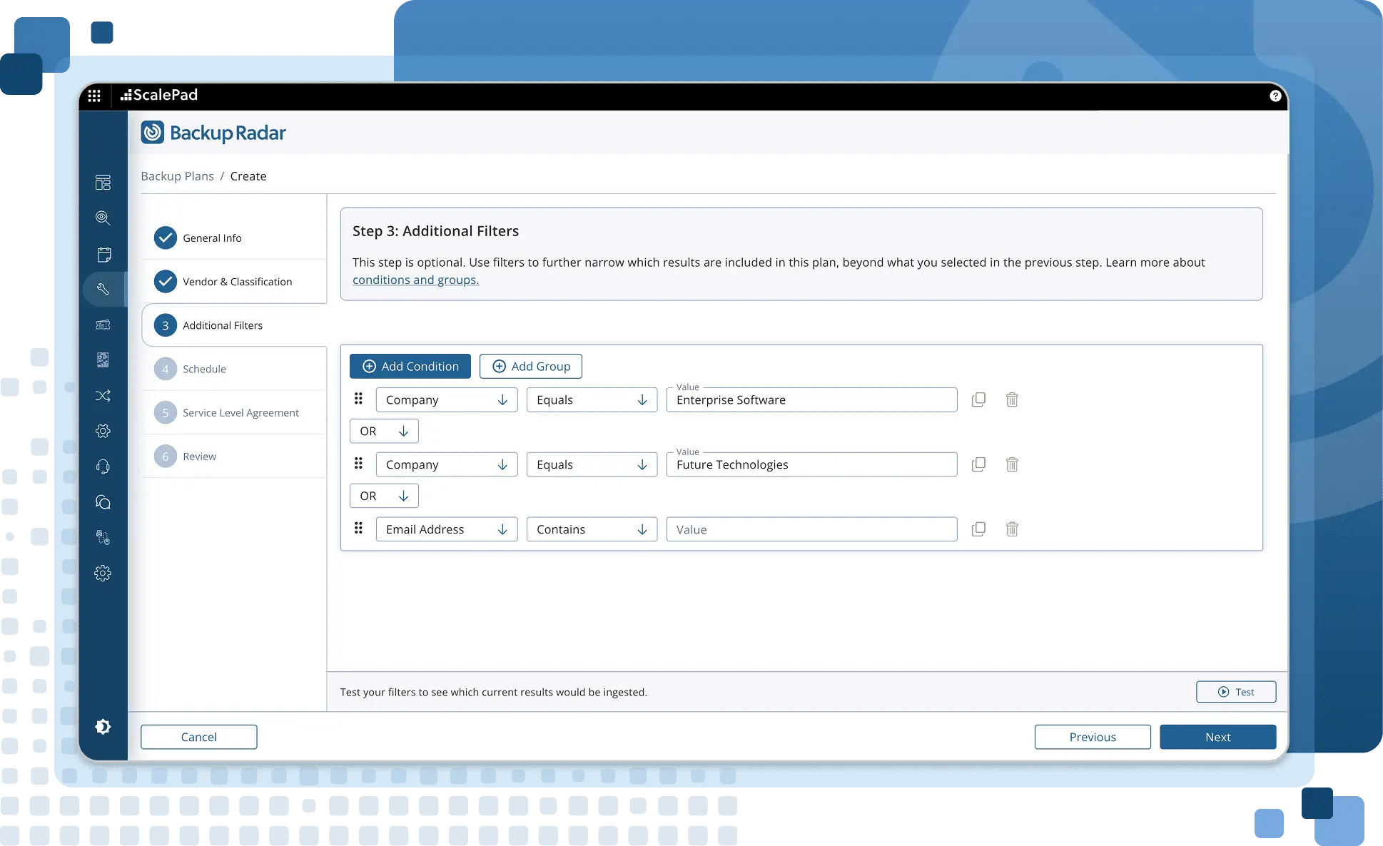 Backup Radar additional filters workflow for backup plans.
