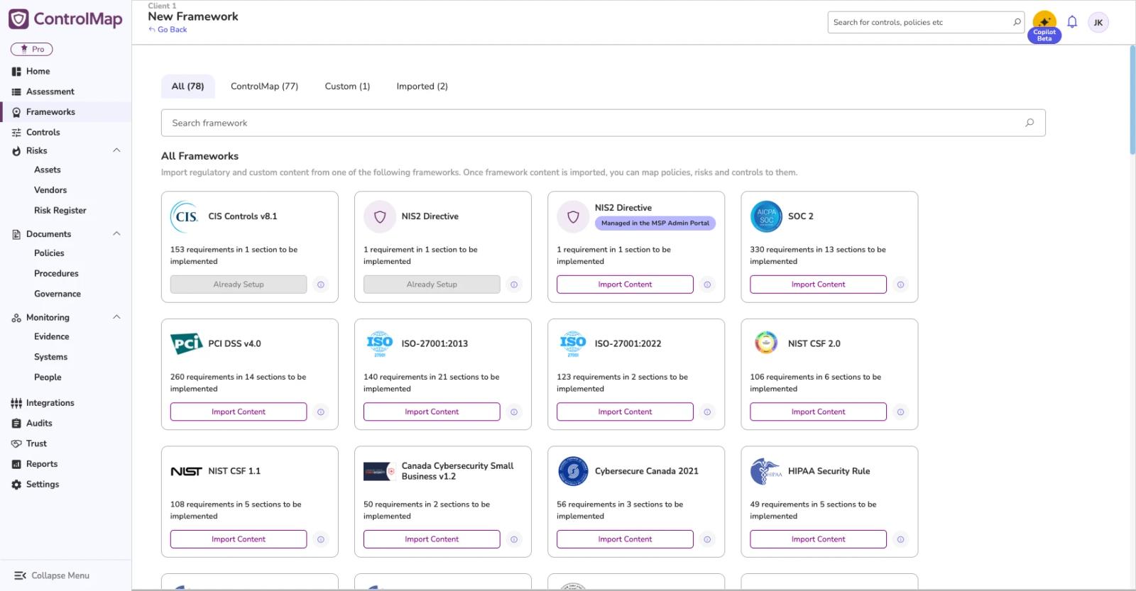 ControlMap client portal showing a published Custom Framework available to import.