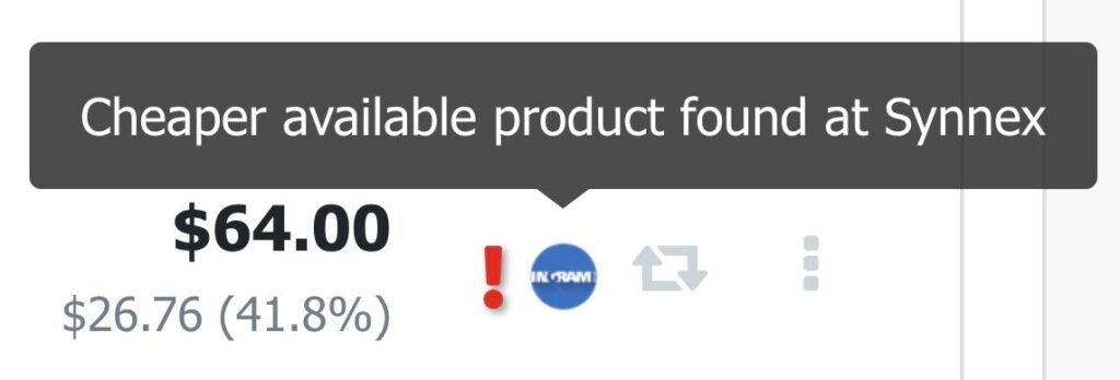 Quote line item sourced from Ingram Micro with a lower-cost product found at Synnex.