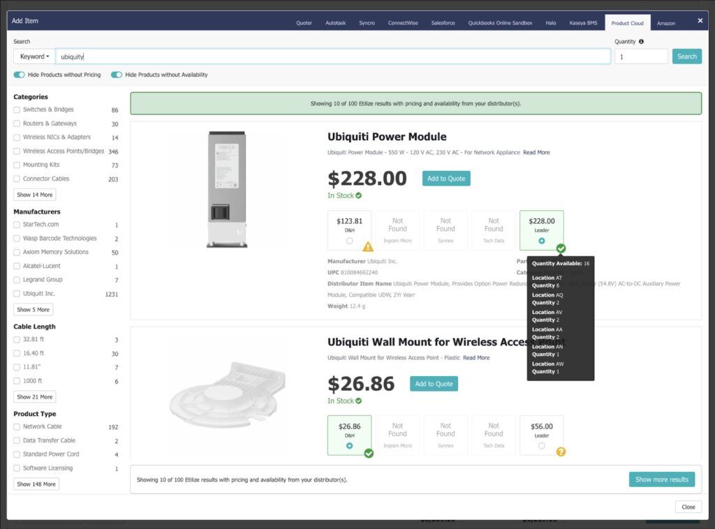 Centralize product pricing and availability in Quoter with real-time syncing with your preferred distributors.