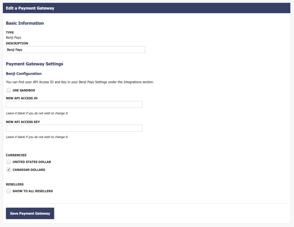 Add the API access key from Benji Pays here in Quoter