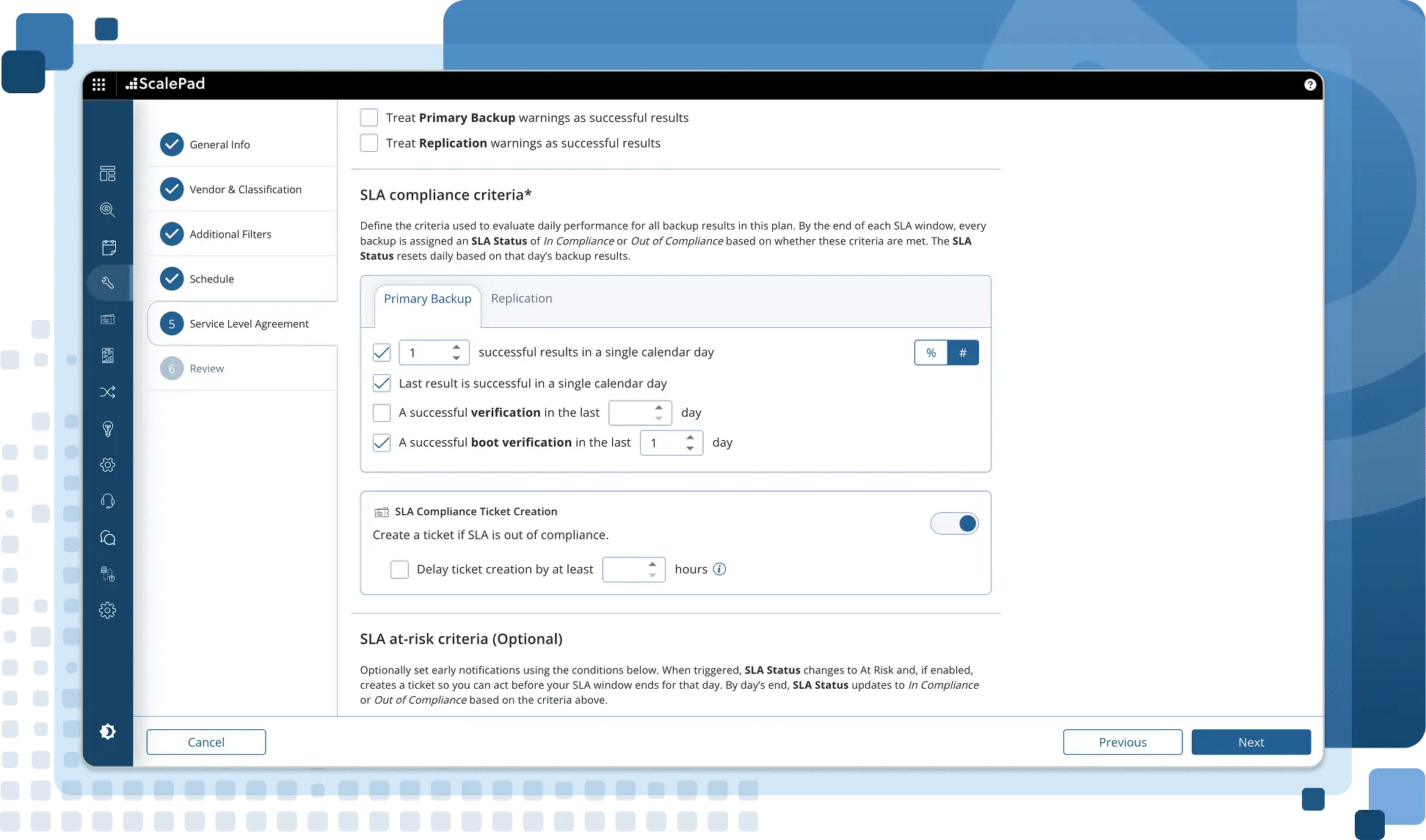 Backup Radar SLA compliance criteria configuration.