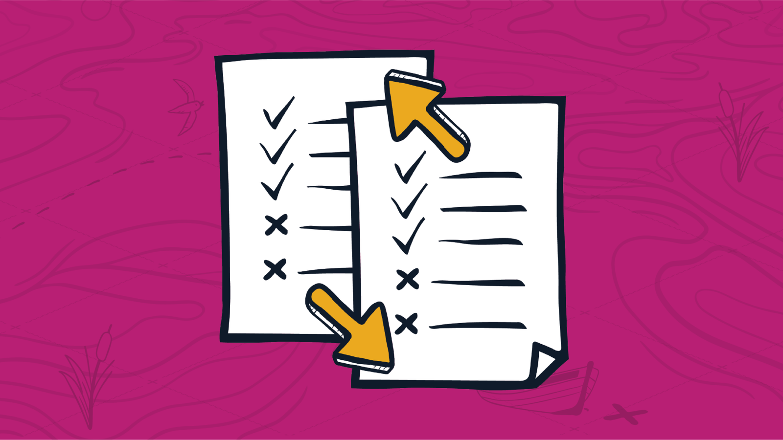 Two overlapping checklists linked by yellow arrows representing how an MSP should update their recurring service contracts.
