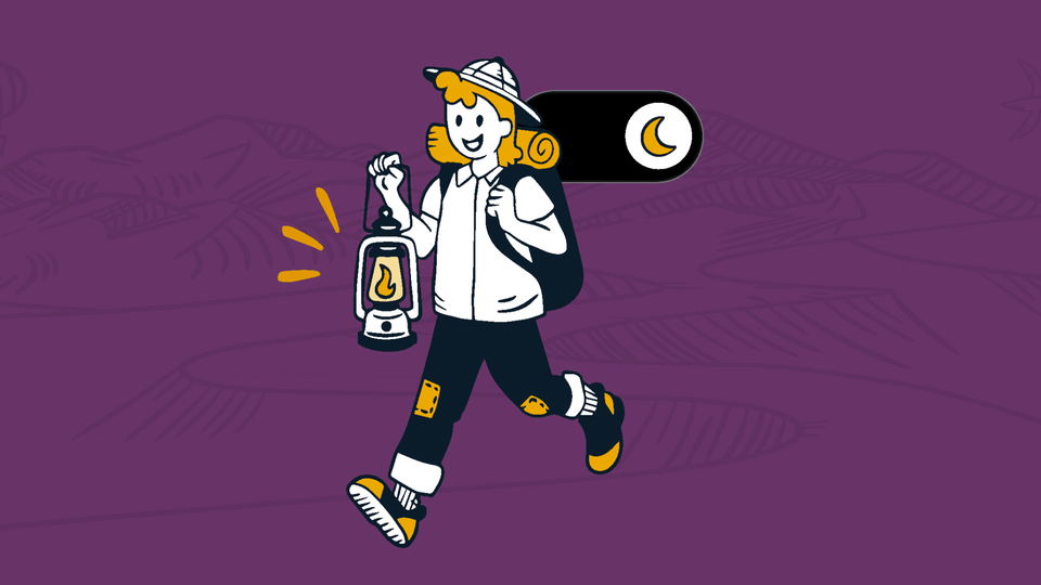 Rocky, the ScalePad mascot, wears a camping outfit and walks confidently across the purple screen with a lantern in one arm. Behind his