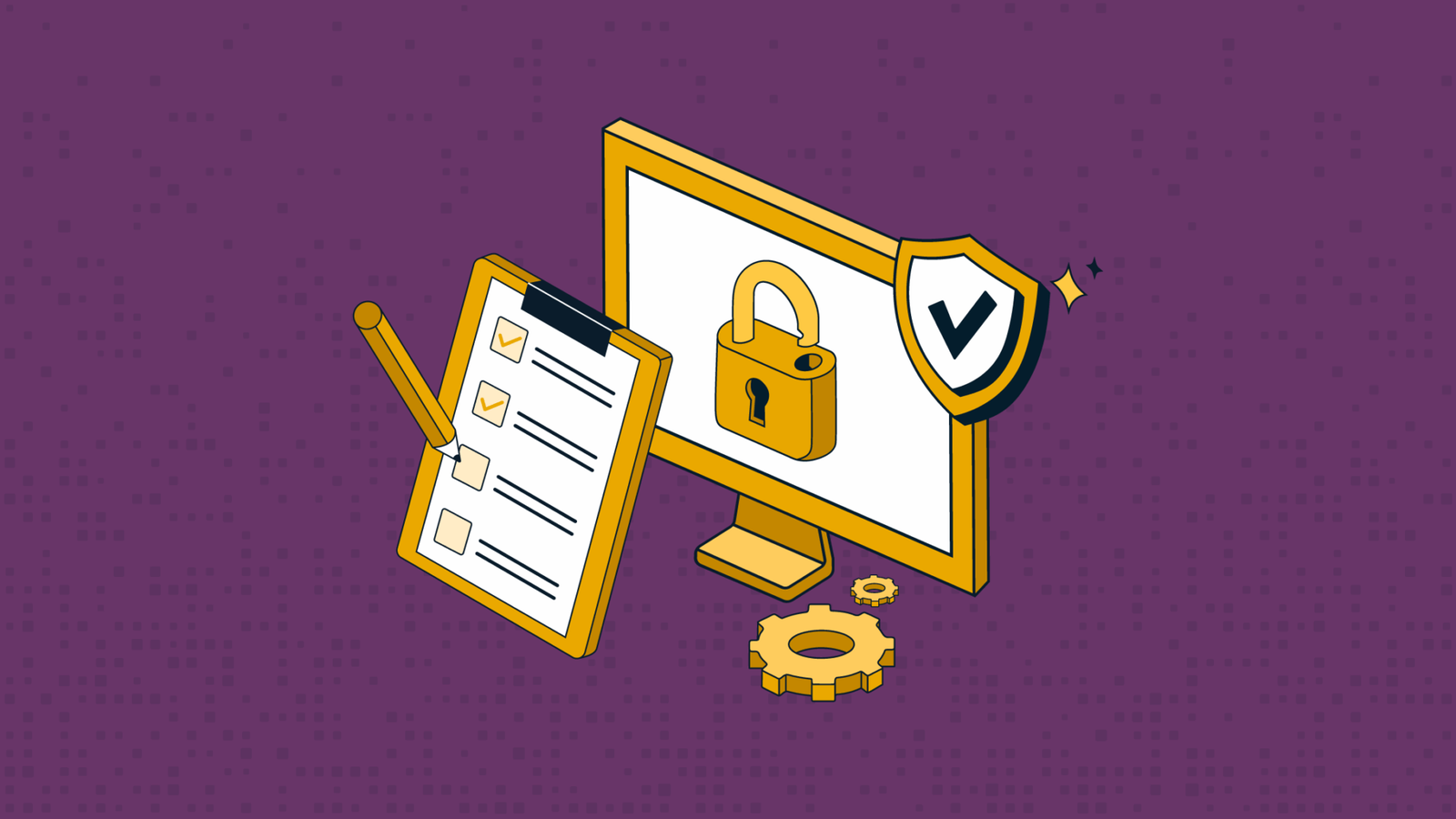Illustrated graphic of a computer screen with a lock on it overlayed with a compliance checklist and a compliance shield icon