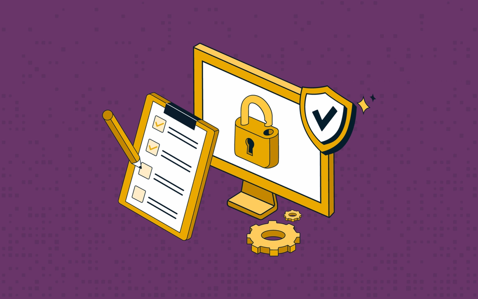 Illustrated graphic of a computer screen with a lock on it overlayed with a compliance checklist and a compliance shield icon