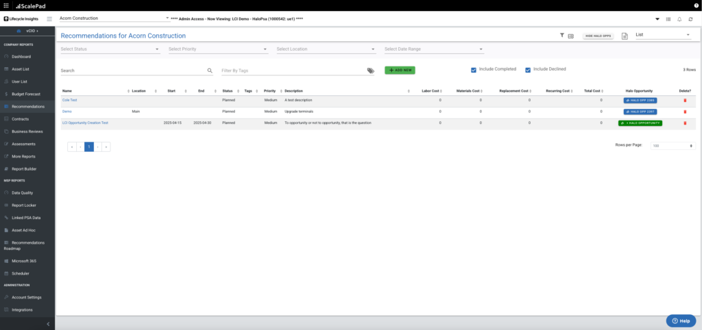 LCI Recommendations list view
