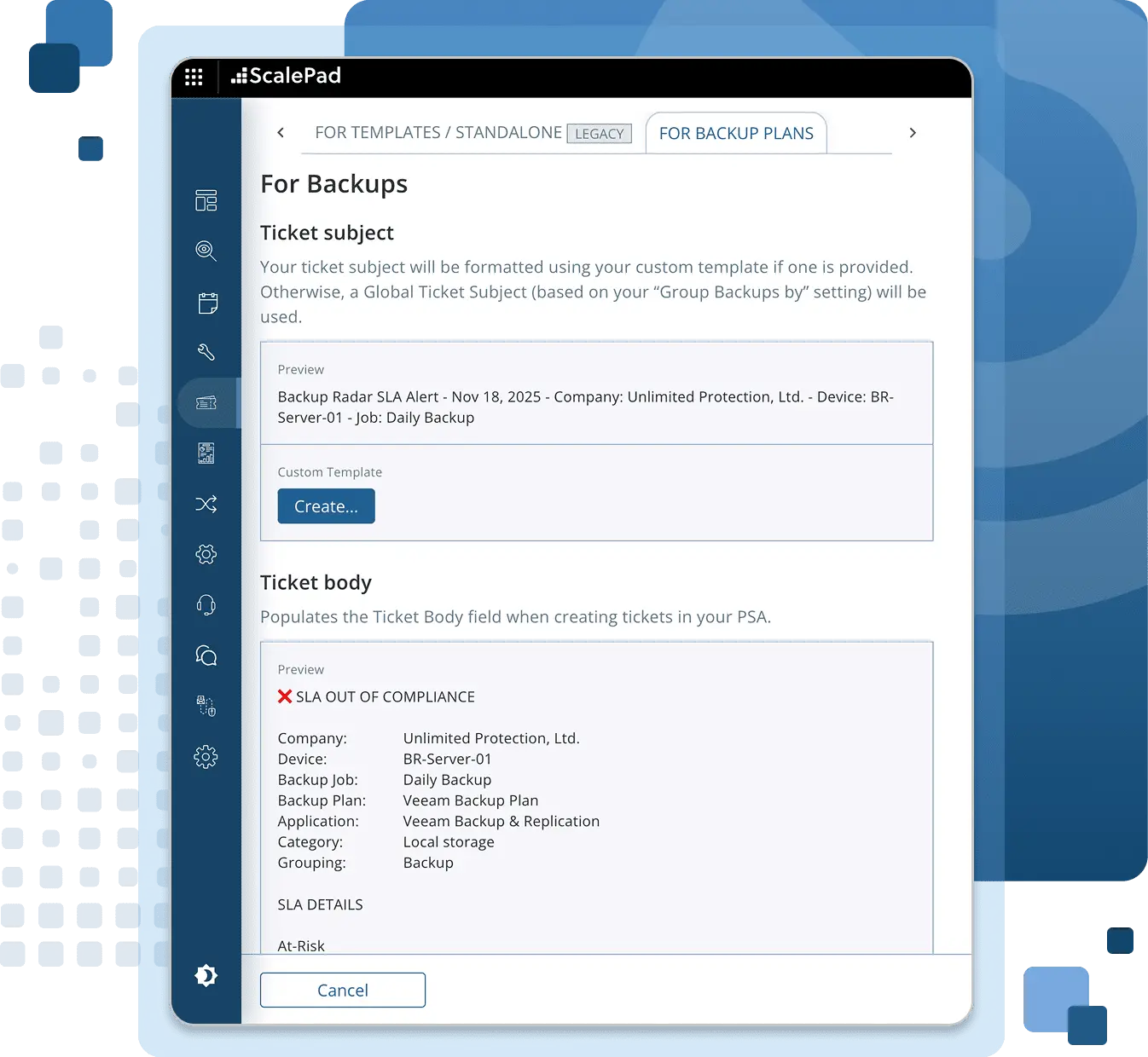 Backup Radar ticket template preview for backup SLA alerts.
