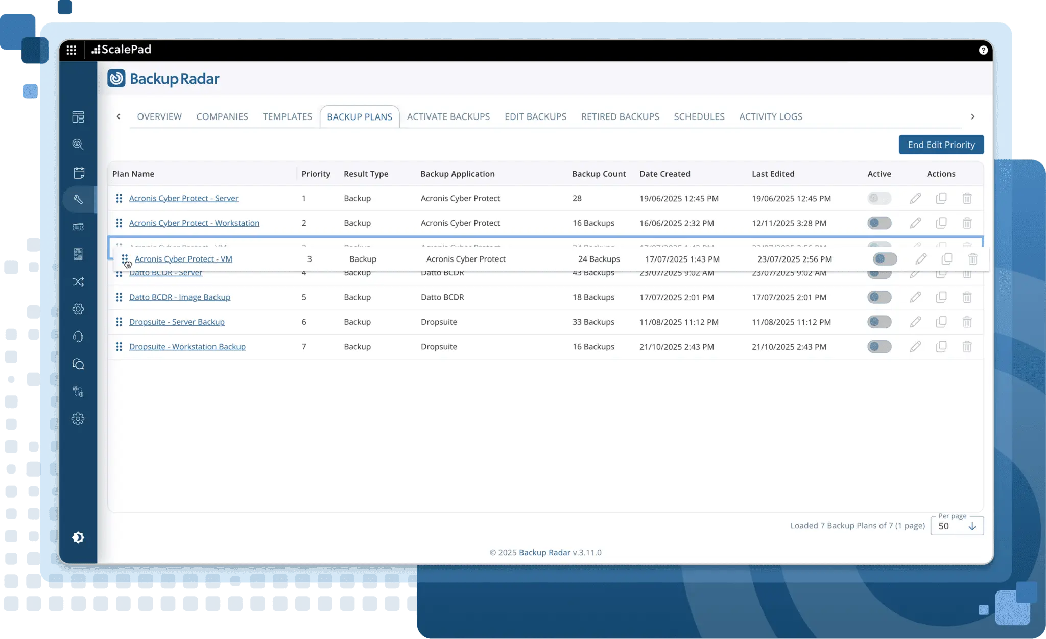 Backup Radar backup plans list with plan priority and status controls.