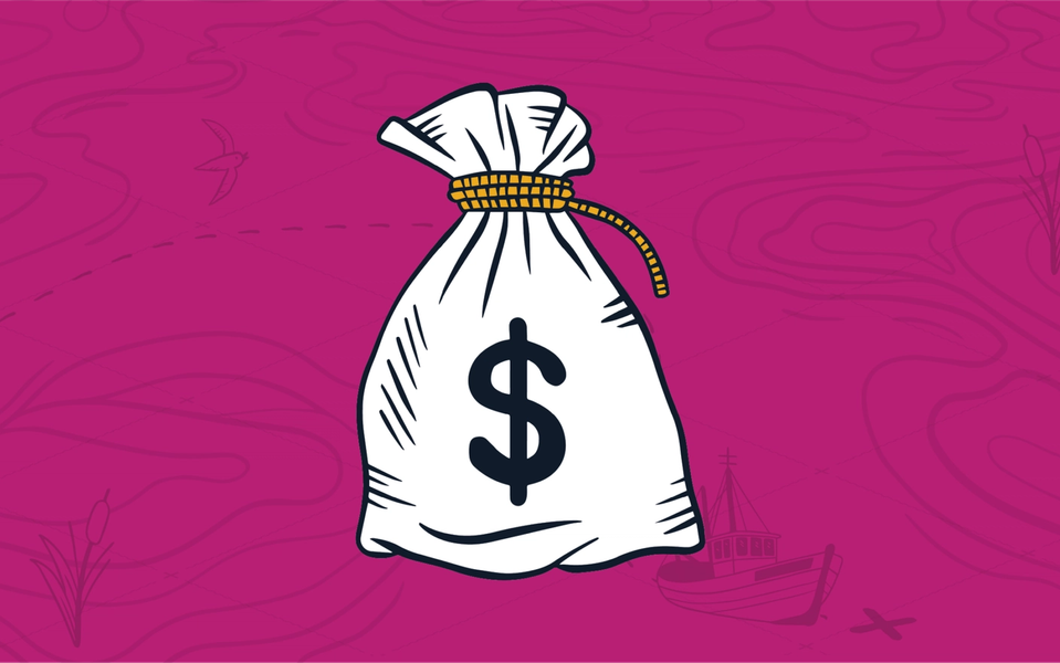 A white bag with a dollar sign on it representing time-saving tips in Quoter, presumably because time is money.