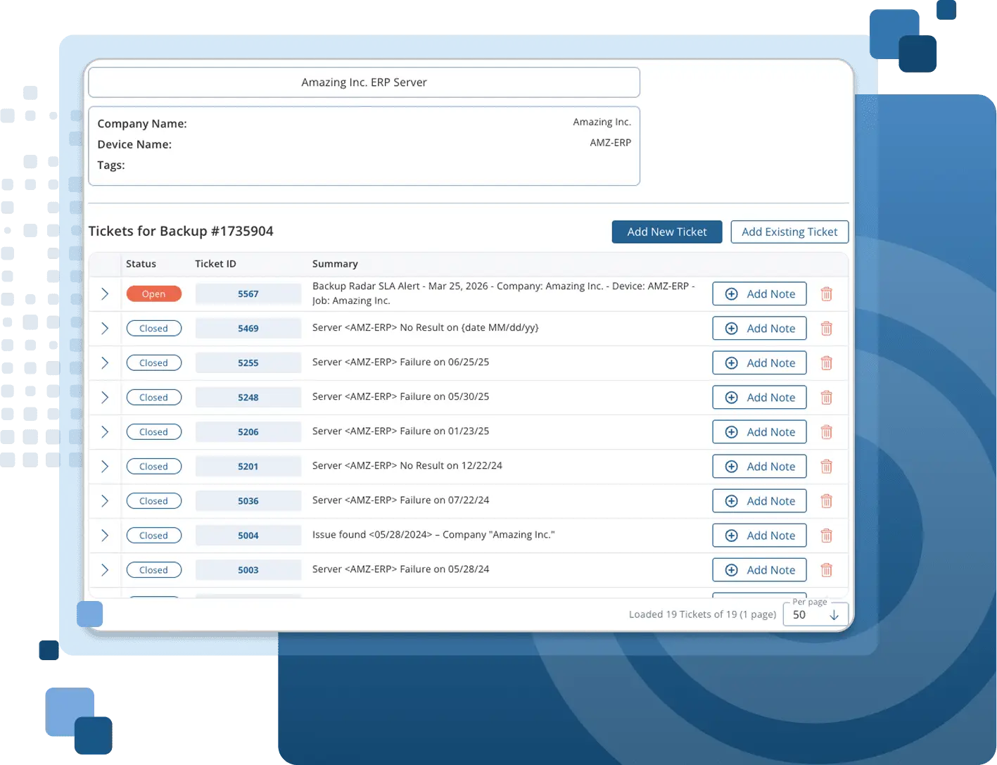 Backup Radar ticket history for a backup job with open and closed tickets.
